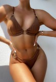Summer Sexy Ring Connect Brown Rib Two Piece Swimsuit