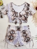 Summer Sexy Snakeskin Printed Short Sleeve Tie Two Piece Swimsuit
