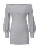 Autumn Elegant Gray Off Shoulder Knitted Dress with Puff Sleeve
