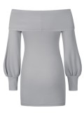 Autumn Elegant Gray Off Shoulder Knitted Dress with Puff Sleeve