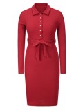 Autumn Elegant Red Long Sleeve Button Up Knitted Midi Dress with Belt