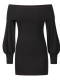 Autumn Elegant Black Off Shoulder Knitted Dress with Puff Sleeve