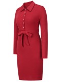 Autumn Elegant Red Long Sleeve Button Up Knitted Midi Dress with Belt