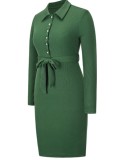 Autumn Elegant Green Long Sleeve Button Up Knitted Midi Dress with Belt