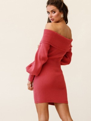 Autumn Elegant Red Off Shoulder Knitted Dress with Puff Sleeve