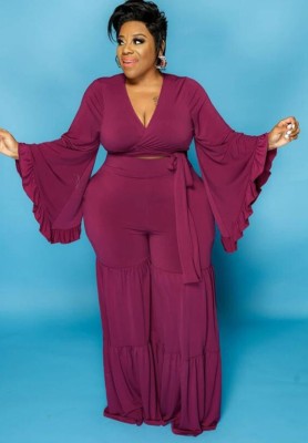 Autumn Plus Size Wrap Tie Flare Sleeve Crop Top and Matching Loose Pants Set