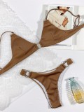 Summer Sexy Ring Connect Brown Rib Two Piece Swimsuit