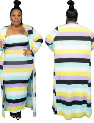 Autumn Plus Size Striped Printed Strapless Long Dress and Matching Coat