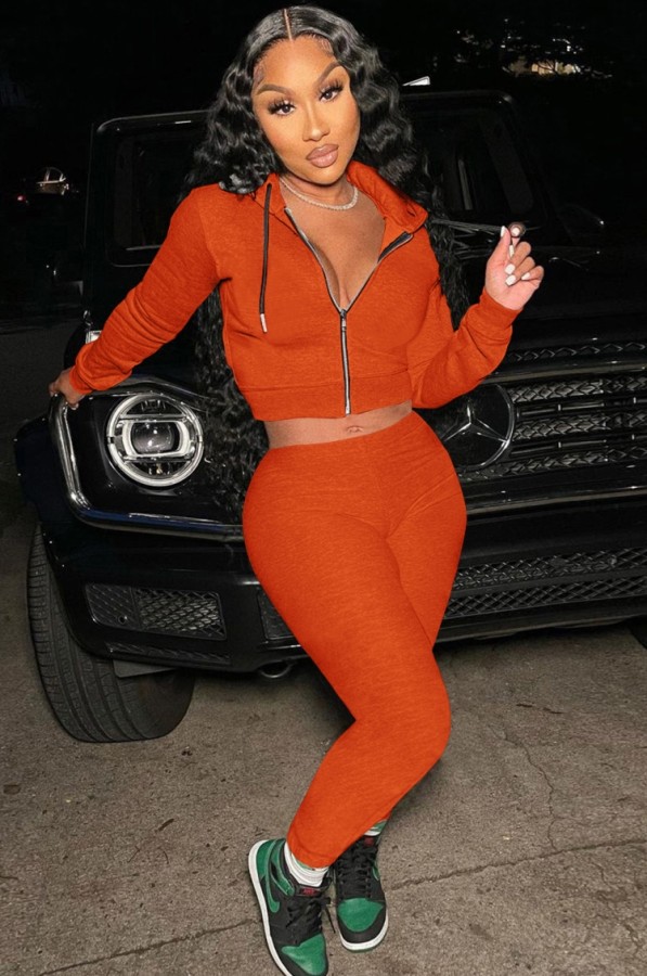 Autumn Orange Hoodies with zipper long sleeve Crop Top and Pant Set