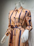 Autumn Print Button Belted Long sleeve Shirt Dress