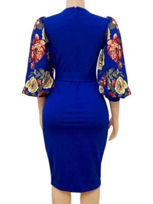 Autumn Elegant Blue Three Quarter Print sleeve Bodycon Dress