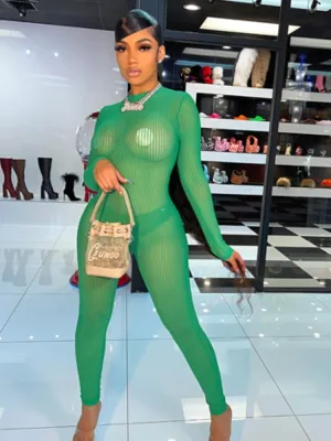 Autumn Sexy Green See through Long sleeve Jumpsuit