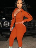 Autumn Orange Hoodies with zipper long sleeve Crop Top and Pant Set
