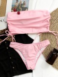 Summer Sexy Pink Shirred Bandeau Two Piece Bikini