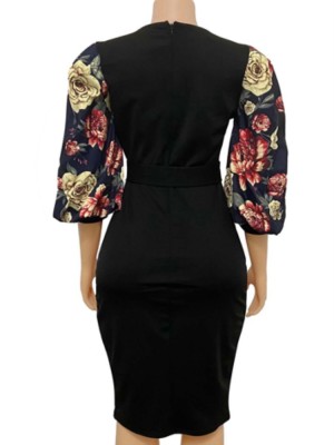 Autumn Elegant Black Three Quarter Print sleeve Bodycon Dress