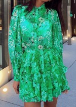 Autumn Green Flower Print Long sleeve Midi Dress