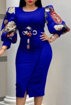 Autumn Elegant Blue Three Quarter Print sleeve Bodycon Dress