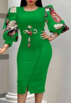 Autumn Elegant Green Three Quarter Print sleeve Bodycon Dress