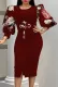 Autumn Elegant Burgundy Three Quarter Print sleeve Bodycon Dress