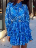 Autumn Blue Flower Print Long sleeve Midi Dress