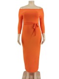 Autumn Orange Off Shoulder Long Sleeve Midi Dress with Belt