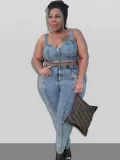 Summer Plus Size Dnim Sleeveless Crop Top and Jeans Set