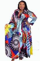Autumn Plus Size Printed Long Sleeve Frilly Maxi Dress wiht Belt