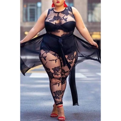 Summer Sexy Plus Size Patchwork See Through Sleeveless Jumpsuit with Hem