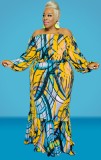 Autumn Plus Size Printed Yellow Off Shoulder Puff Sleeve Long two piece skirt set