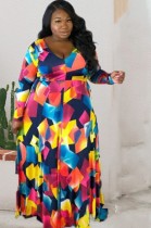 Autumn Plus Size Multicolor Long Sleeve V Neck Maxi Dress