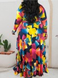 Autumn Plus Size Multicolor Long Sleeve V Neck Maxi Dress