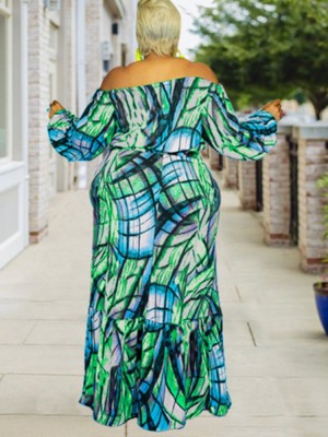 Autumn Plus Size Printed Green Off Shoulder Puff Sleeve Long two piece skirt set
