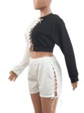 Autumn White and Black Patchwork Lace Up Long Sleeve Top and Shorts Set