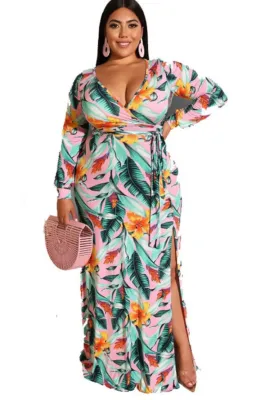 Autumn Retro Printed Long Sleeve Wrap Split Maxi Dress