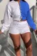Autumn White and Blue Patchwork Lace Up Long Sleeve Top and Shorts Set