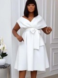 Summer Elegant White V-neck Off Shoulder Formal Skater Dress