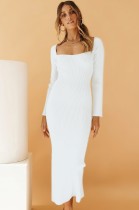 Autumn White Square Neck Long Sleeve Knitted Long Dress