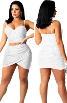 Summer Sexy White Beaded Sweethear Sleeveless Crop Top and Ruchid Skirt Set