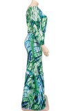 Autumn Plus Size Printed Green Off Shoulder Puff Sleeve Long two piece skirt set