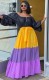 Autumn Color Blocking African Off Shoulder Puff Sleeve Maxi Dress with Belt
