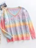 Winter Colorful V-neck Heart Shaped Hollow Out Sweater