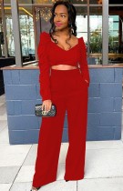 Autumn Red Puff Long Sleeve Crop Top and Loose Pants Set