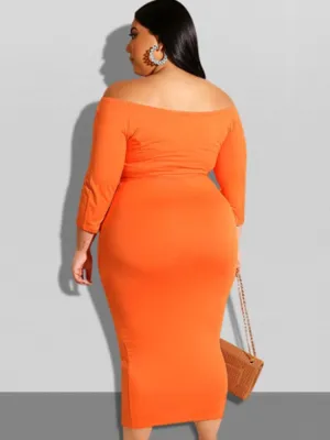 Autumn Orange Off Shoulder Long Sleeve Midi Dress with Belt
