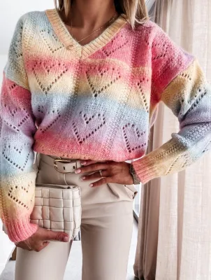 Winter Colorful V-neck Heart Shaped Hollow Out Sweater