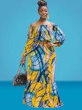 Autumn Plus Size Printed Yellow Off Shoulder Puff Sleeve Long two piece skirt set
