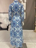 Autumn Elegant Blue Floral Long Sleeve Skater Dress with Belt