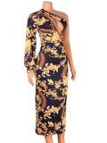 Autumn Sexy Retro Floral Black Cutout One Shoulder Midi Dress