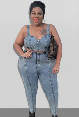 Summer Plus Size Dnim Sleeveless Crop Top and Jeans Set