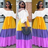 Autumn Color Blocking African Off Shoulder Puff Sleeve Maxi Dress with Belt