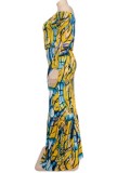 Autumn Plus Size Printed Yellow Off Shoulder Puff Sleeve Long two piece skirt set